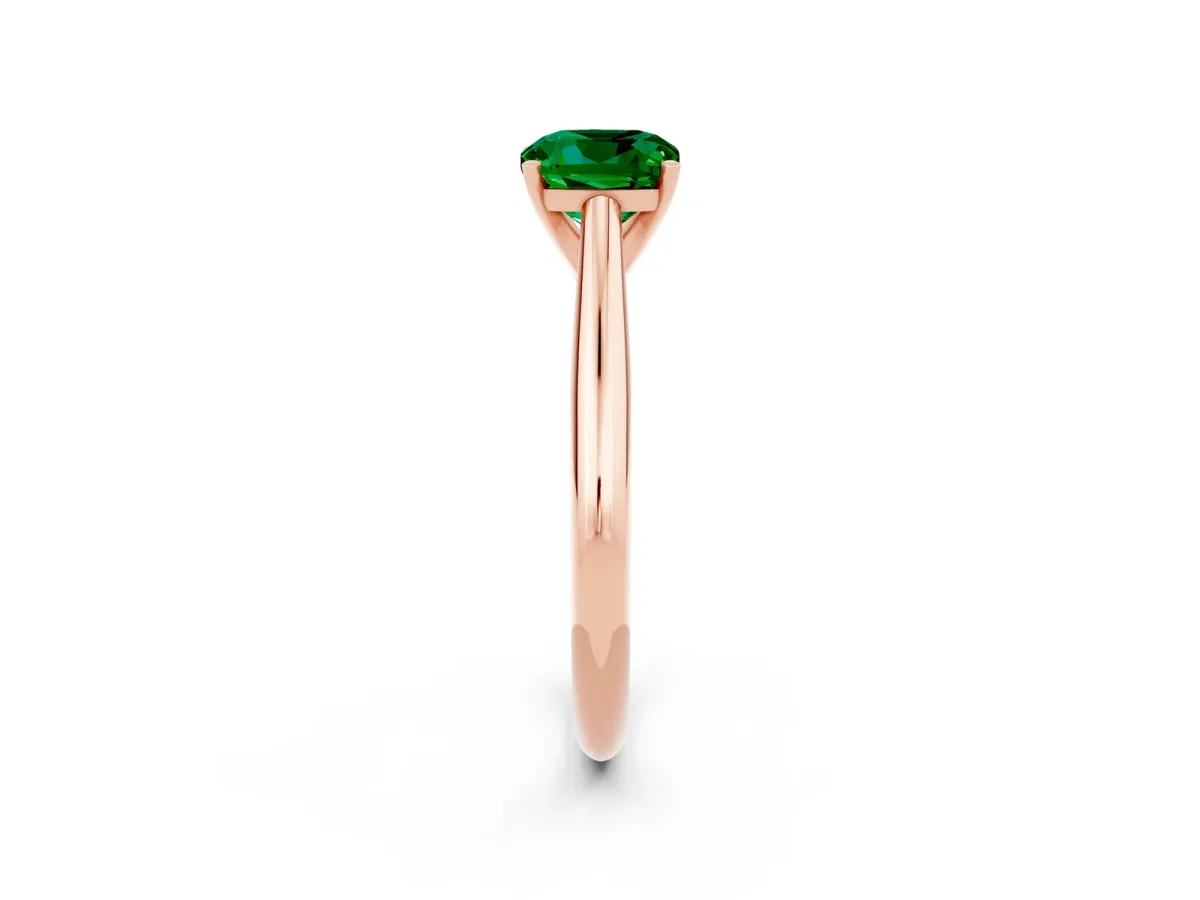 Cushion Cut Emerald Solitaire Engagement Ring with Cathedral Setting and Four-Prong Mount Rose gold