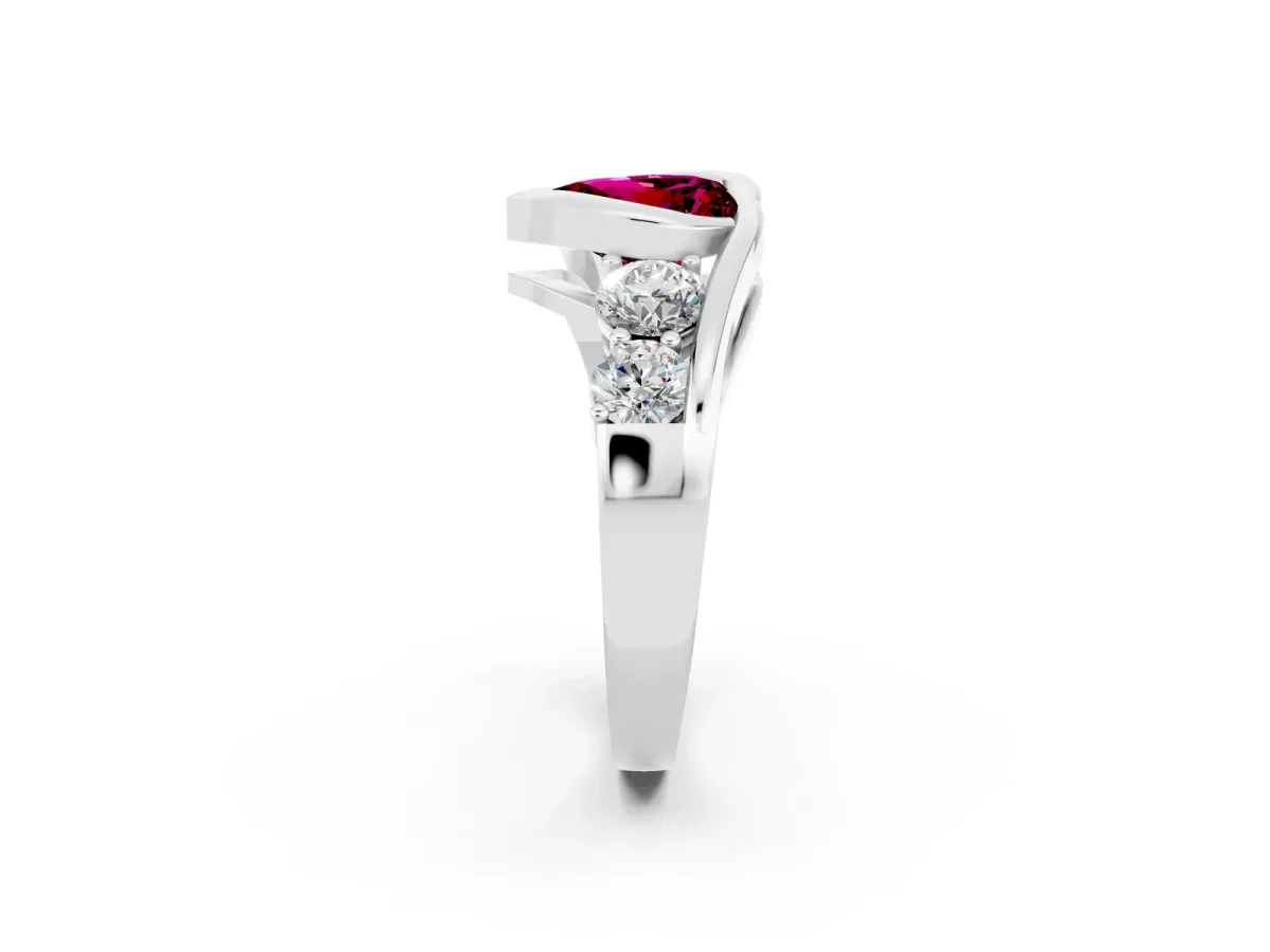 Bezel Set Heart Cut Garnet Bypass Ring with Round Accents Platinum