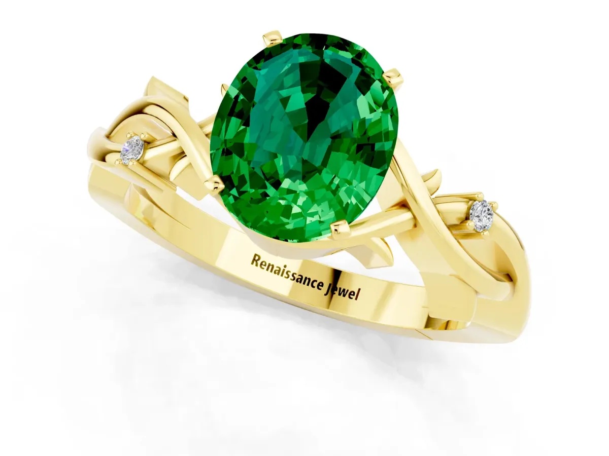 Oval Cut Emerald Solitaire Ring with Twisted Band and Prong Setting Yellow gold