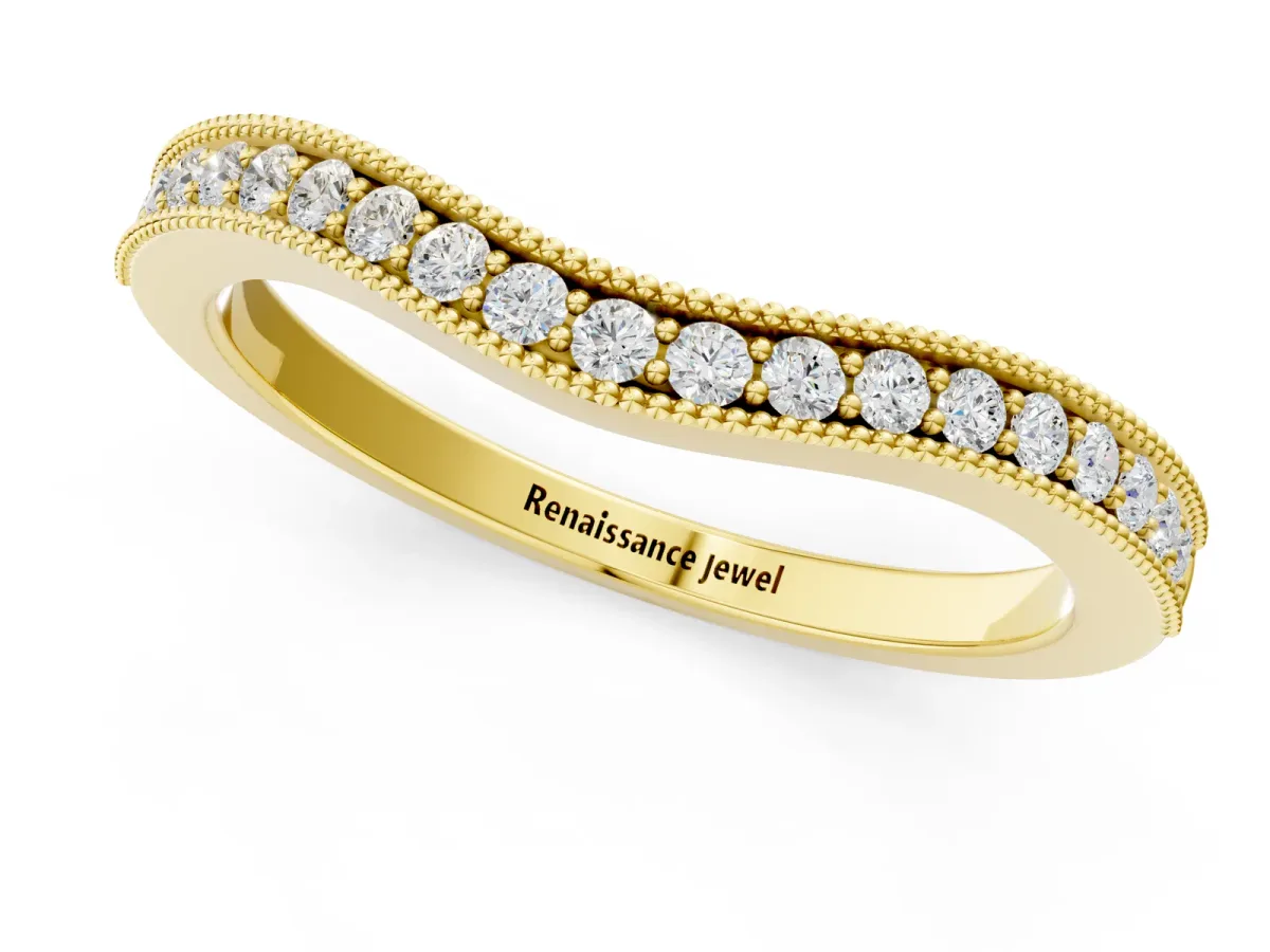 Pavé Round Diamond Curved Band with Milgrain Edge Yellow gold