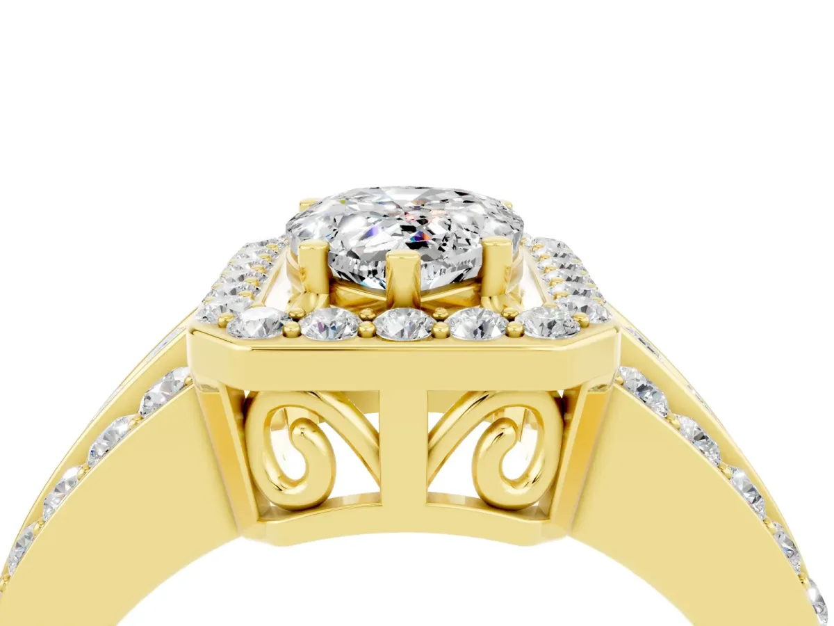 Pear Cut Halo Moissanite Ring with Round Split Shank and Prong Setting Yellow gold