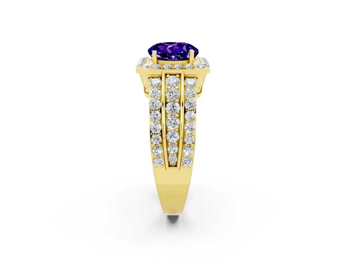 Round Cut Halo Tanzanite Ring with Round Split Shank and Prong Setting Yellow gold