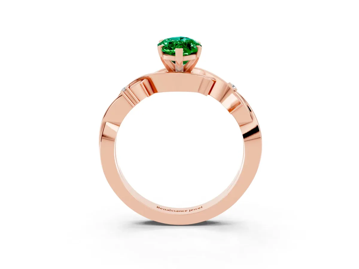Marquise Cut Emerald Solitaire Ring with Twisted Band and Prong Setting Rose gold