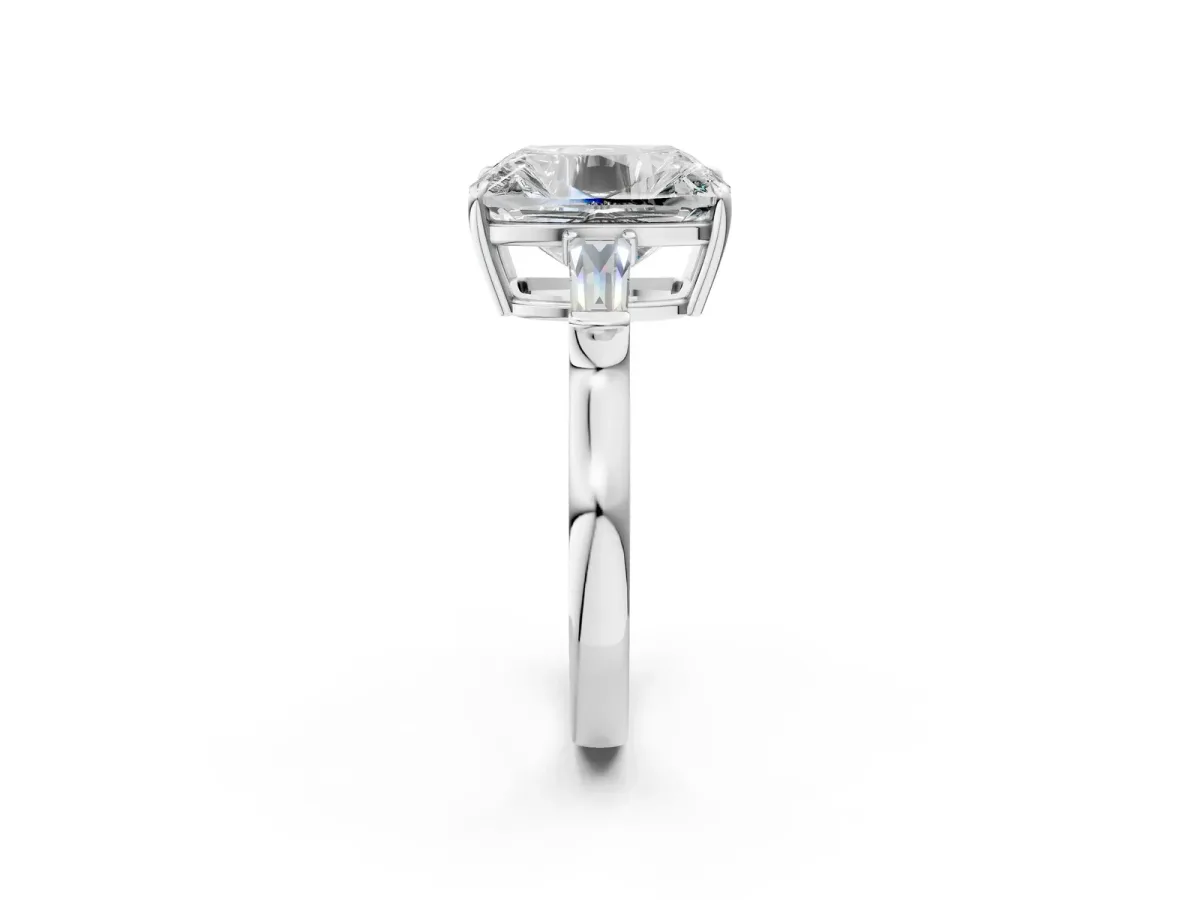 Old Mine Elongated Cushion Diamond with Side Tapered Baguette Three Stone Ring Silver