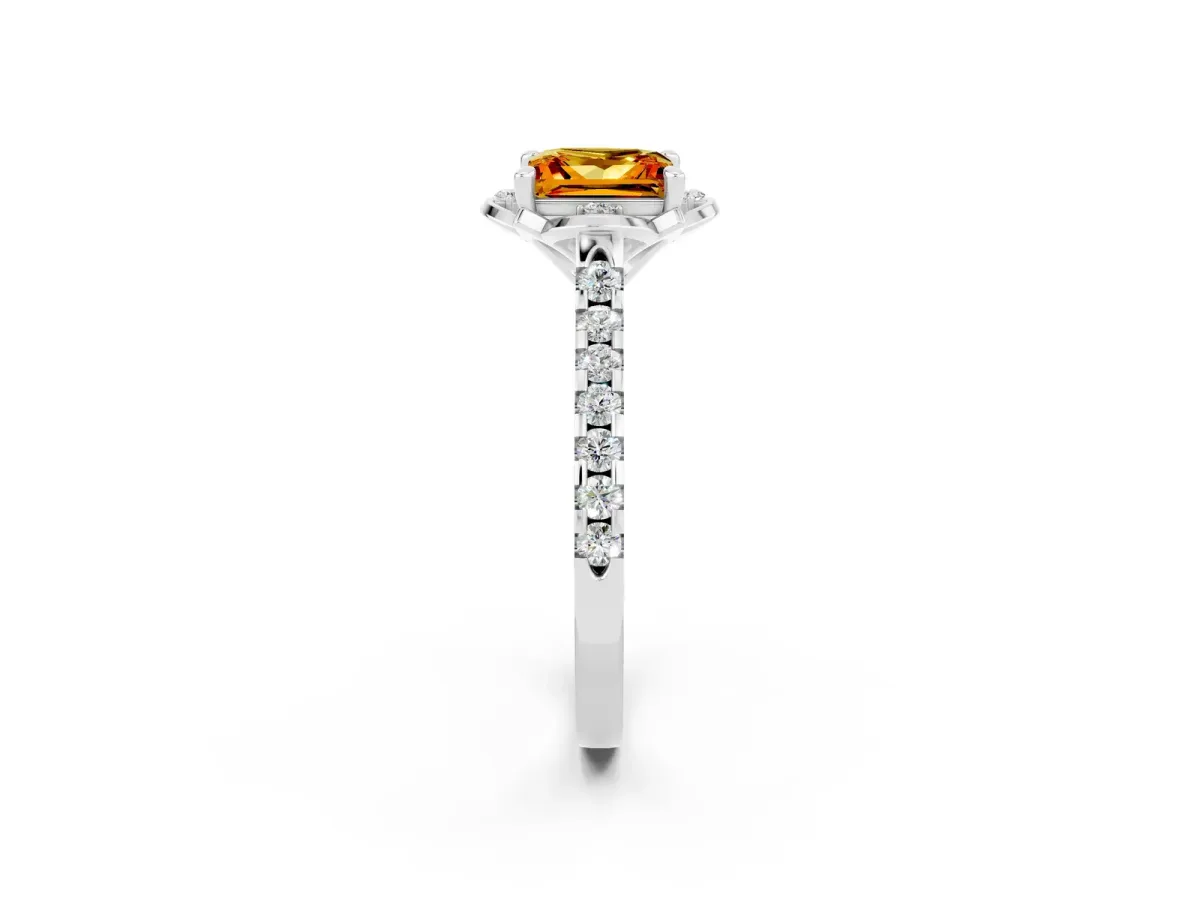 Princess Cut Citrine Ring with Pavé Band and Floral Prong Setting Silver