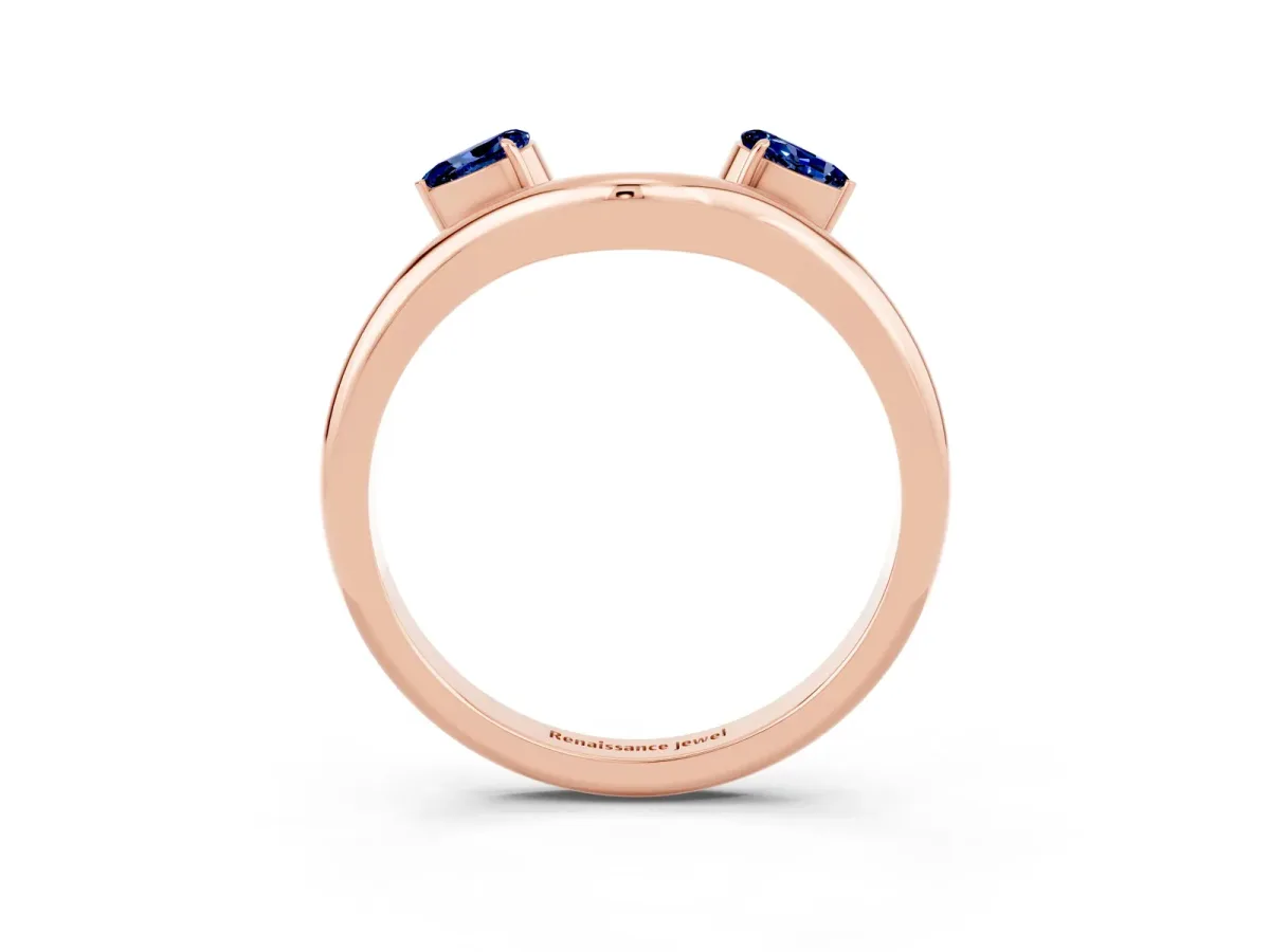 Pear Cut Blue Sapphire Two-Stone Open Band Ring with Prong Setting Rose gold