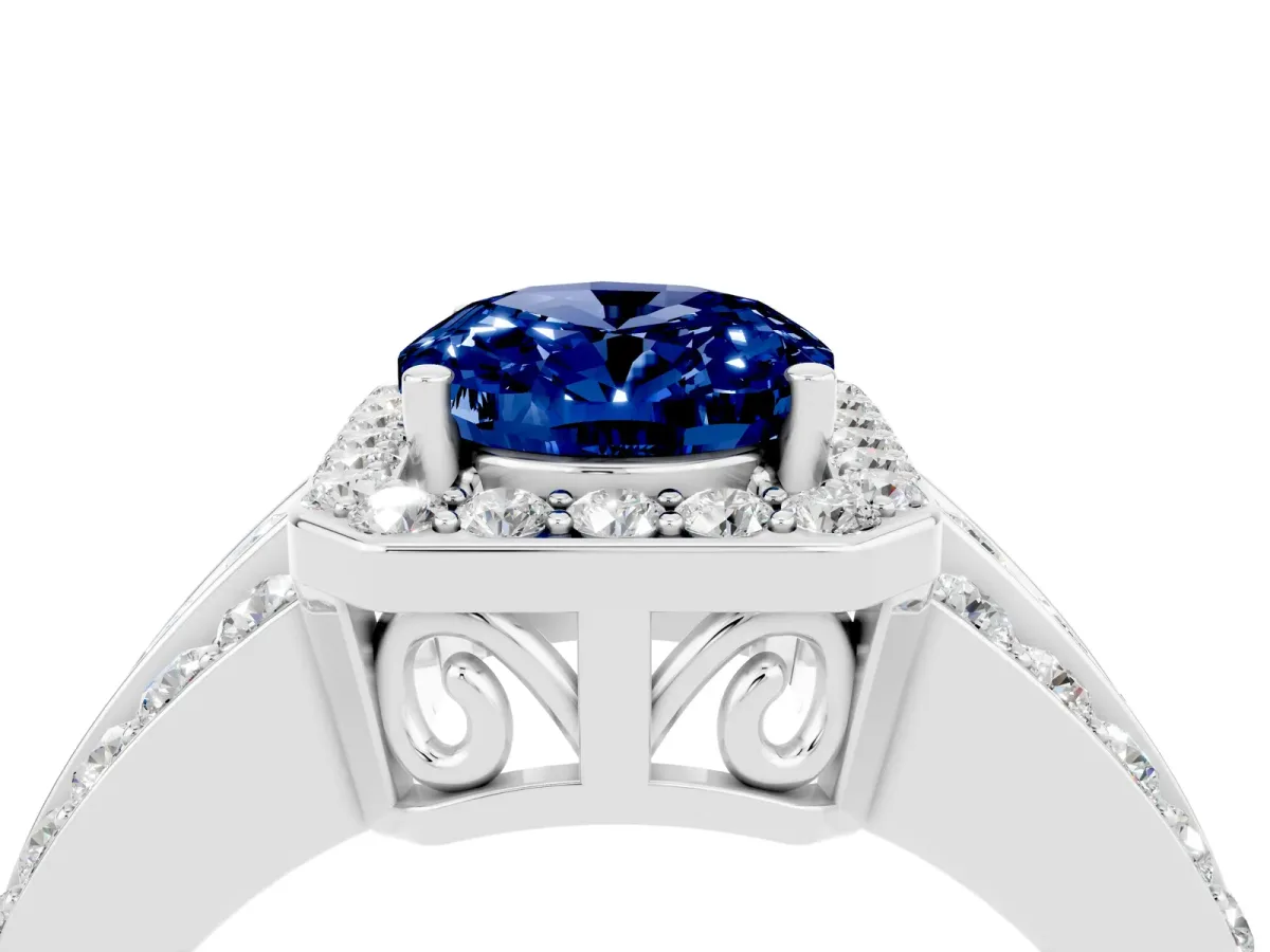Oval Cut Halo Blue Sapphire Ring with Round Split Shank and Prong Setting Platinum