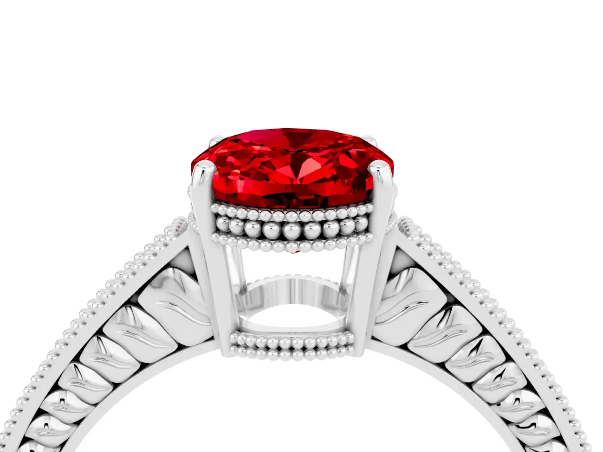 Oval Cut Ruby Engagement Ring with Milgrain Channel Set Band and Prong Setting Platinum