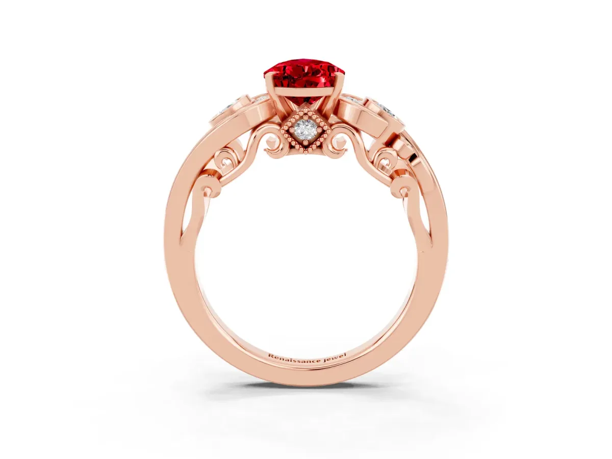 Pear Cut Ruby Solitaire Ring with Milgrain Pavé Band and Four-Prong Setting Rose gold