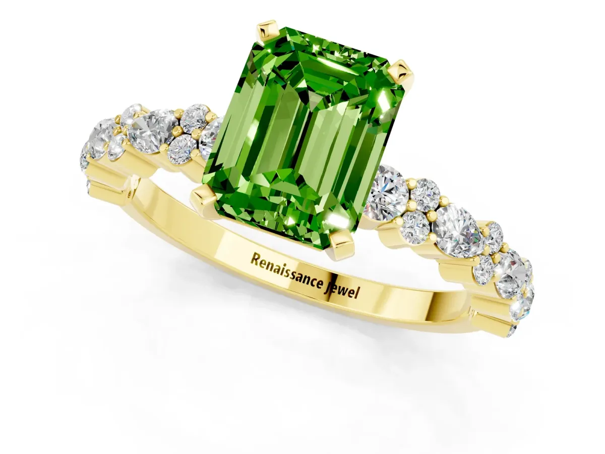 Emerald Cut Peridot Side Stone Solitaire Ring with Round and Four-Prong Setting Yellow gold