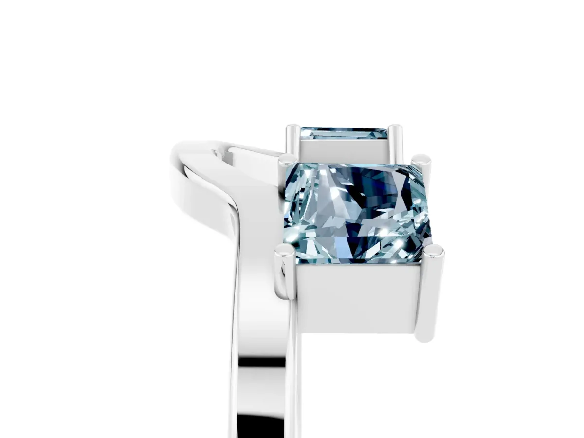 Princess Cut Aquamarine Two-Stone Open Band Ring with Four-Prong Setting Silver