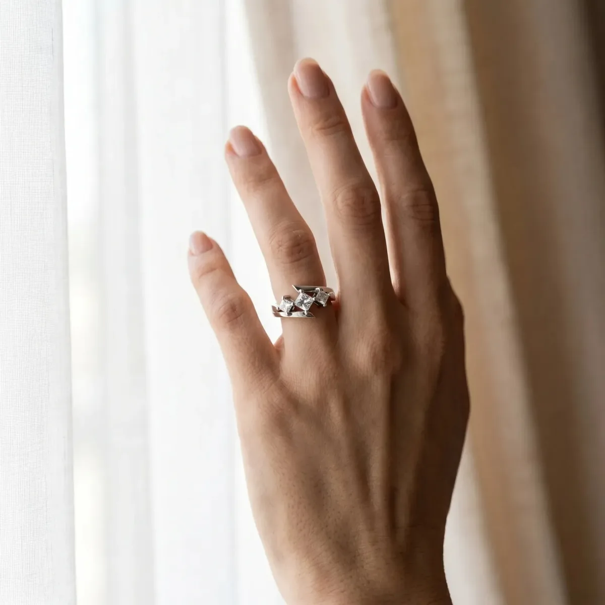 Three-Stone Princess Cut Cut Tension Band Ring with Four-Prong Setting Platinum