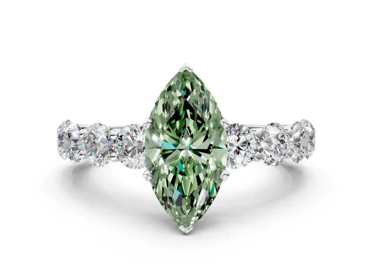 Fancy Green Marquise Cut Diamond Prong Setting with Side Stones on a Pave Band Silver