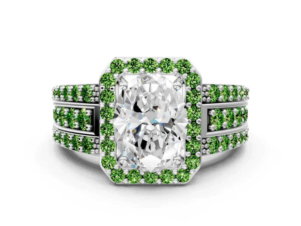 Oval Cut Halo Diamond Ring with Round Peridot Split Shank and Prong Setting Platinum
