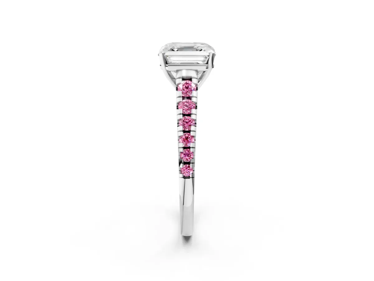 Asscher Cut Diamond Cathedral Solitaire Ring with Round Pink Sapphire Pavé Band Silver