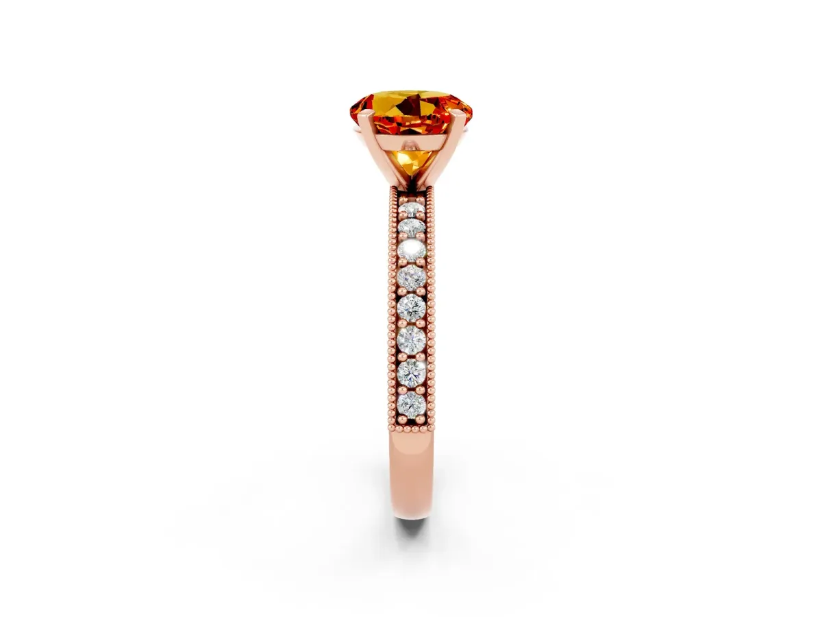 Round Cut Citrine Milgrain Pavé Engagement Ring with Four-Prong Setting Rose gold