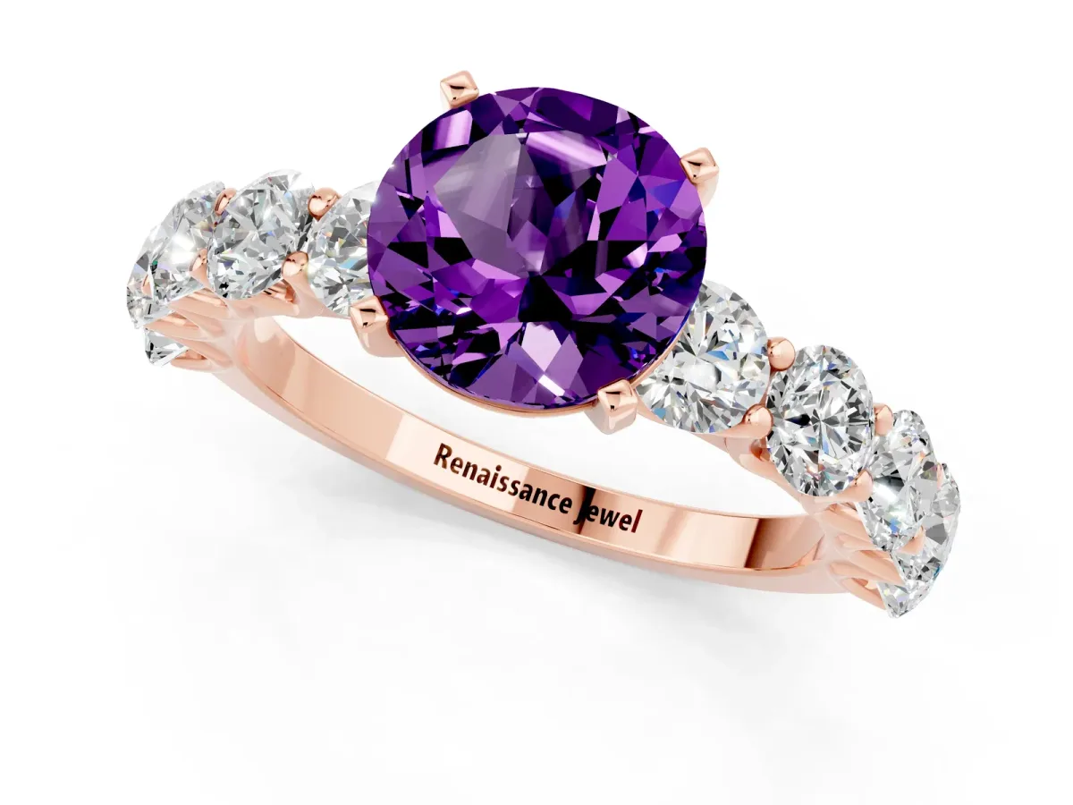 Round Cut Amethyst Prong Setting with Side Stones on a Pave Band Rose gold