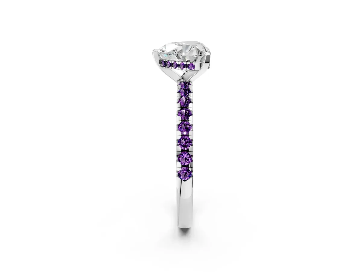 Heart Cut Diamond Solitaire Ring with Round Amethyst Pavé Band and Four-Prong Setting Silver