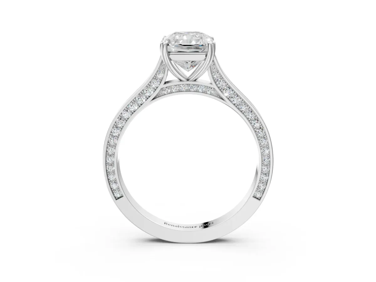 Radiant Cut Diamond Solitaire with Pave Band and Six-Prong Setting Platinum