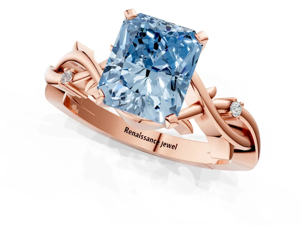 Fancy Blue Radiant Cut Diamond Solitaire Ring with Twisted Band and Prong Setting Rose gold