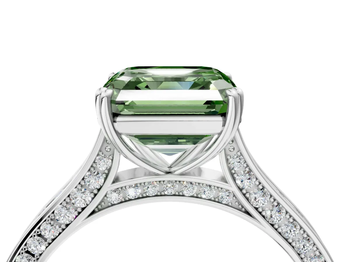 Fancy Green Asscher Cut Diamond Solitaire with Pave Band and Six-Prong Setting Platinum
