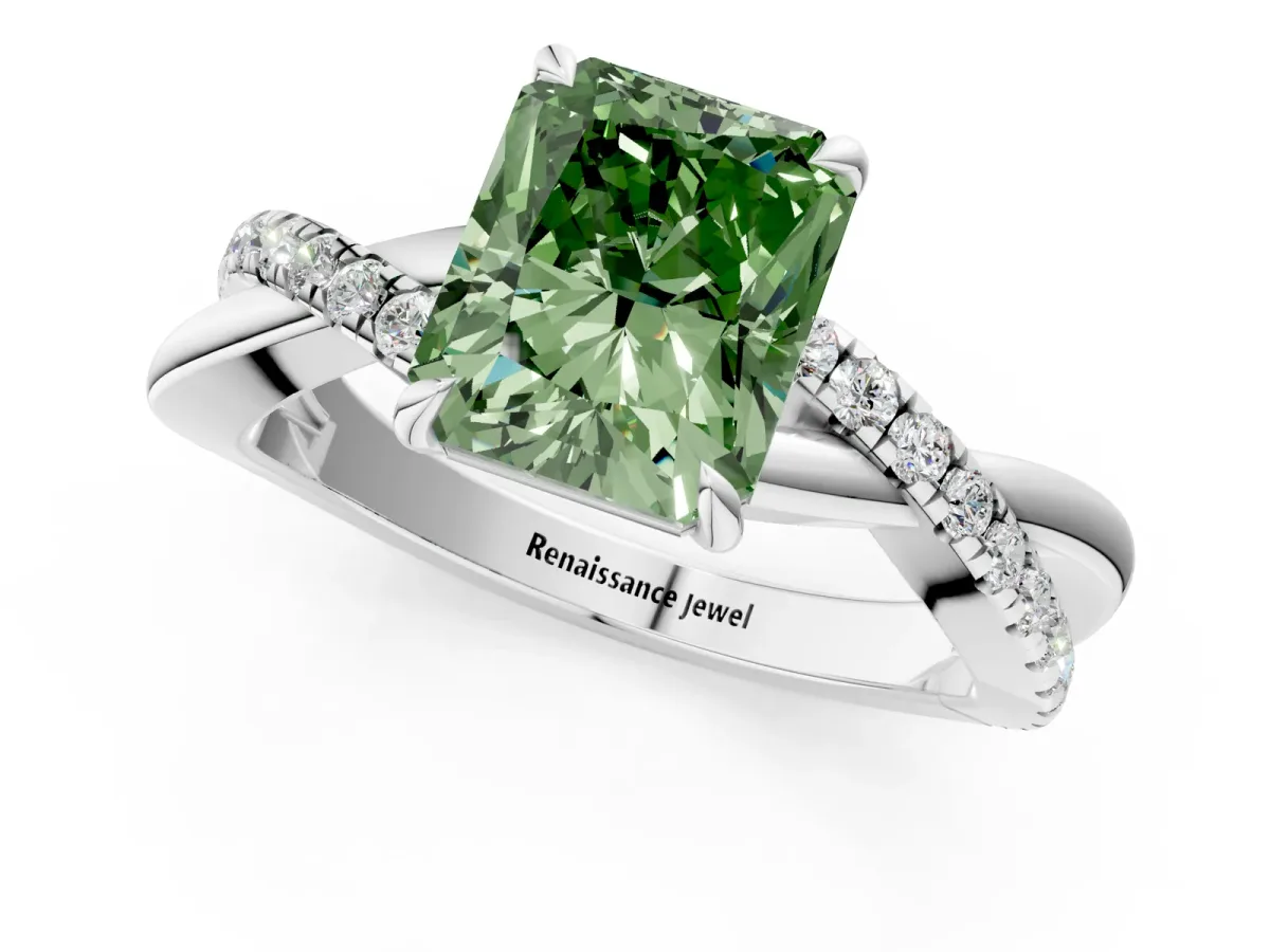 Fancy Green Radiant Cut Cut Diamond Twisted Band with Pavé Setting and Four-Prong Setting Platinum