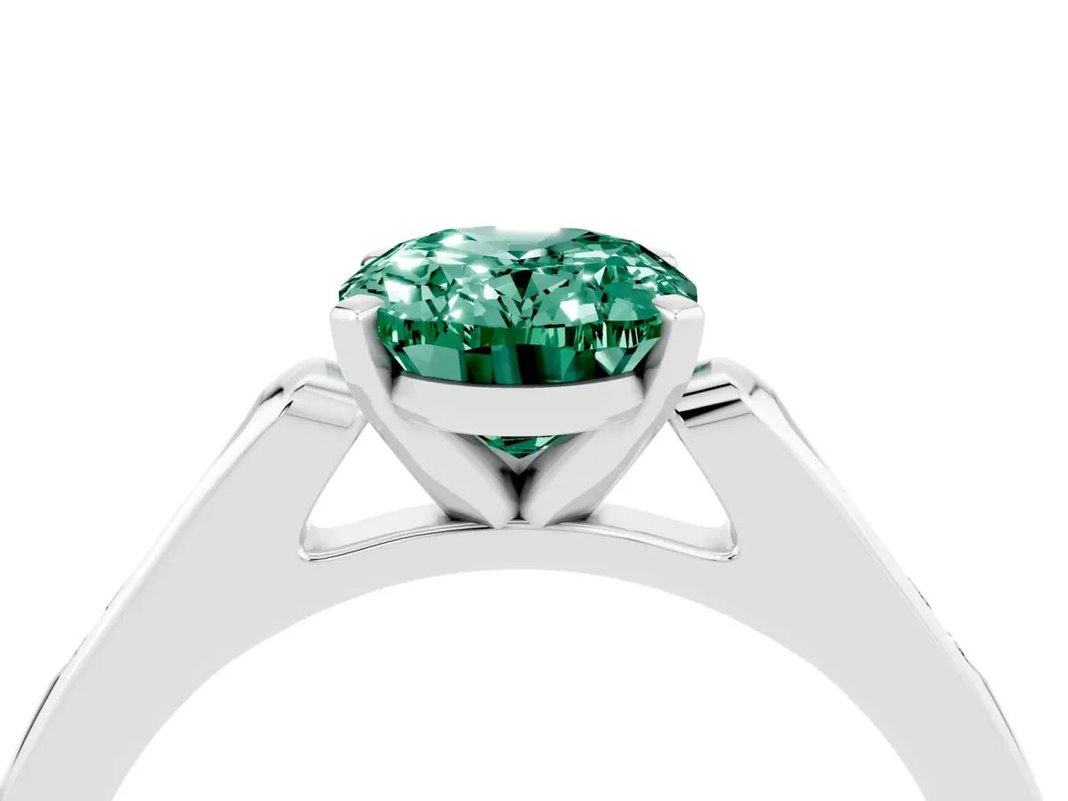 Oval Cut Green Sapphire Solitaire Ring with Channel Set Round Band and Prong Setting Silver