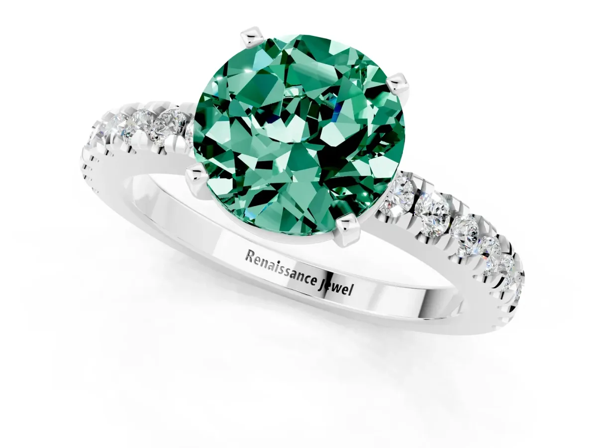 Round Cut Solitaire Green Sapphire with Pavé Band and Four-Prong Setting Silver