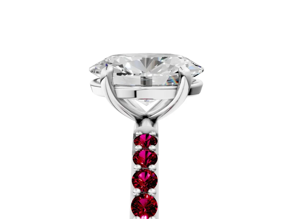 Oval Cut Diamond Solitaire Ring with Round Garnet Pavé Band and Prong Setting Silver