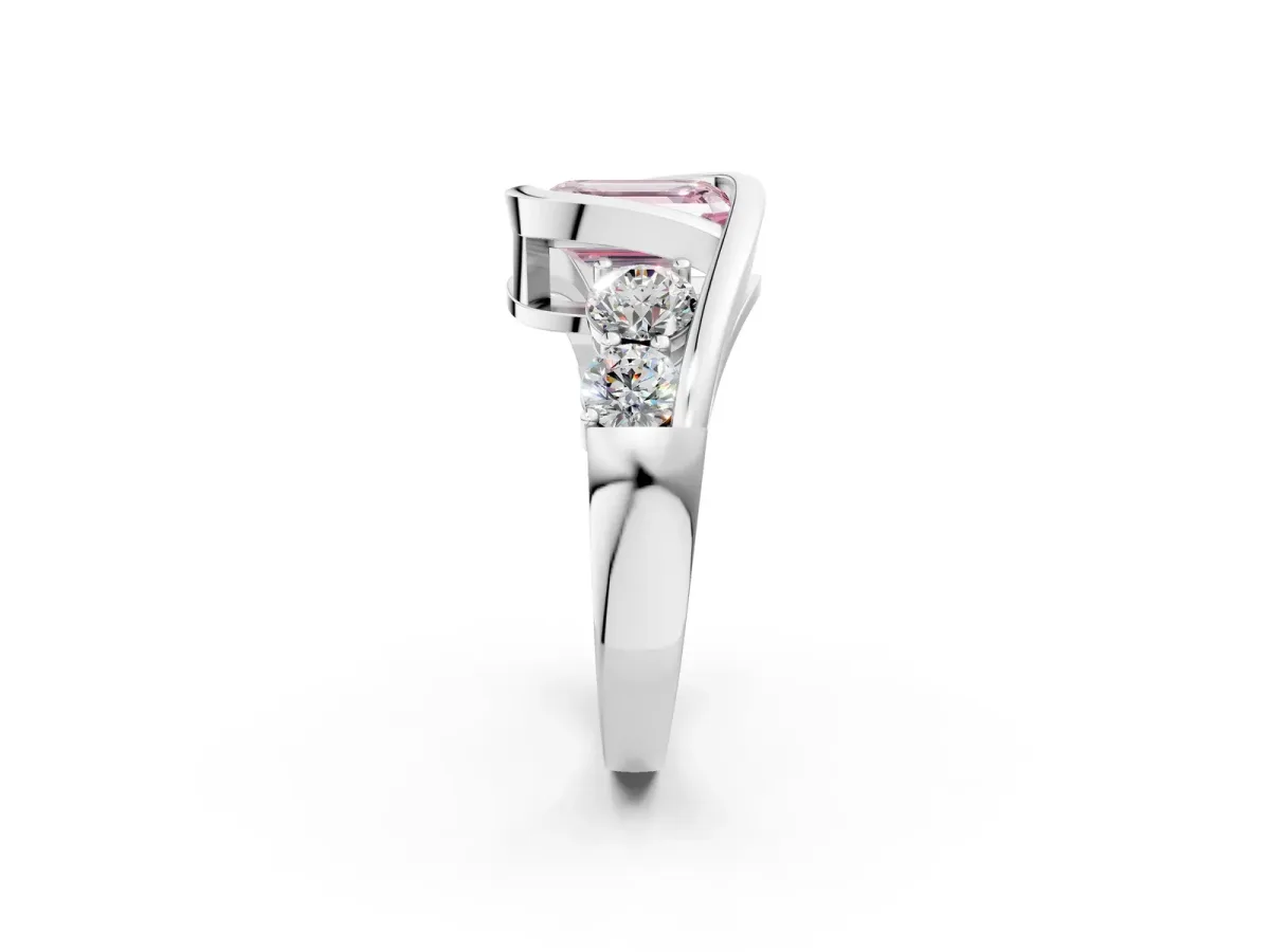 Fancy Pink Bezel Set Emerald Cut Diamond Bypass Ring with Round Accents Silver