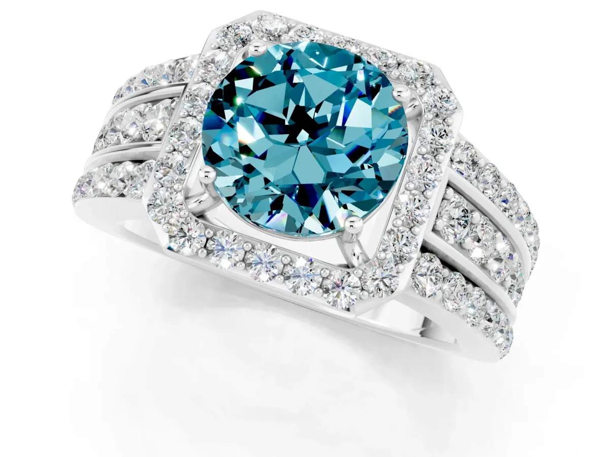 Round Cut Halo Blue Topaz Ring with Round Split Shank and Prong Setting Platinum