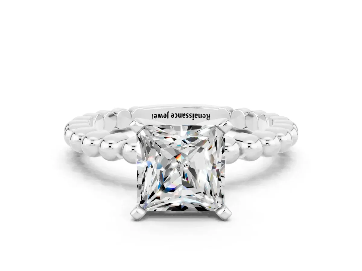 Princess Cut Moissanite Solitaire Ring with Beaded Band and Prong Setting Platinum