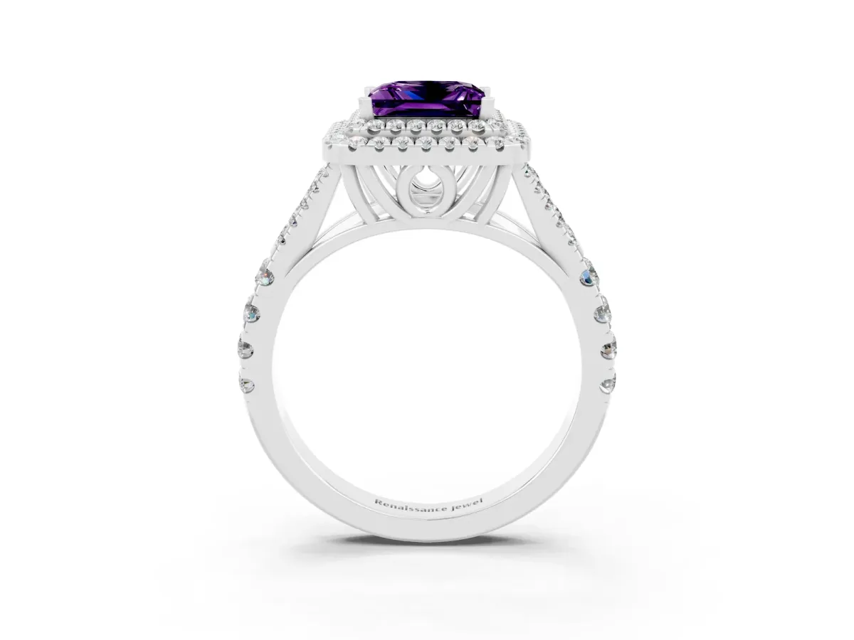 Double Halo Princess Cut Amethyst Split Shank Engagement Ring with Four-Prong Setting White gold