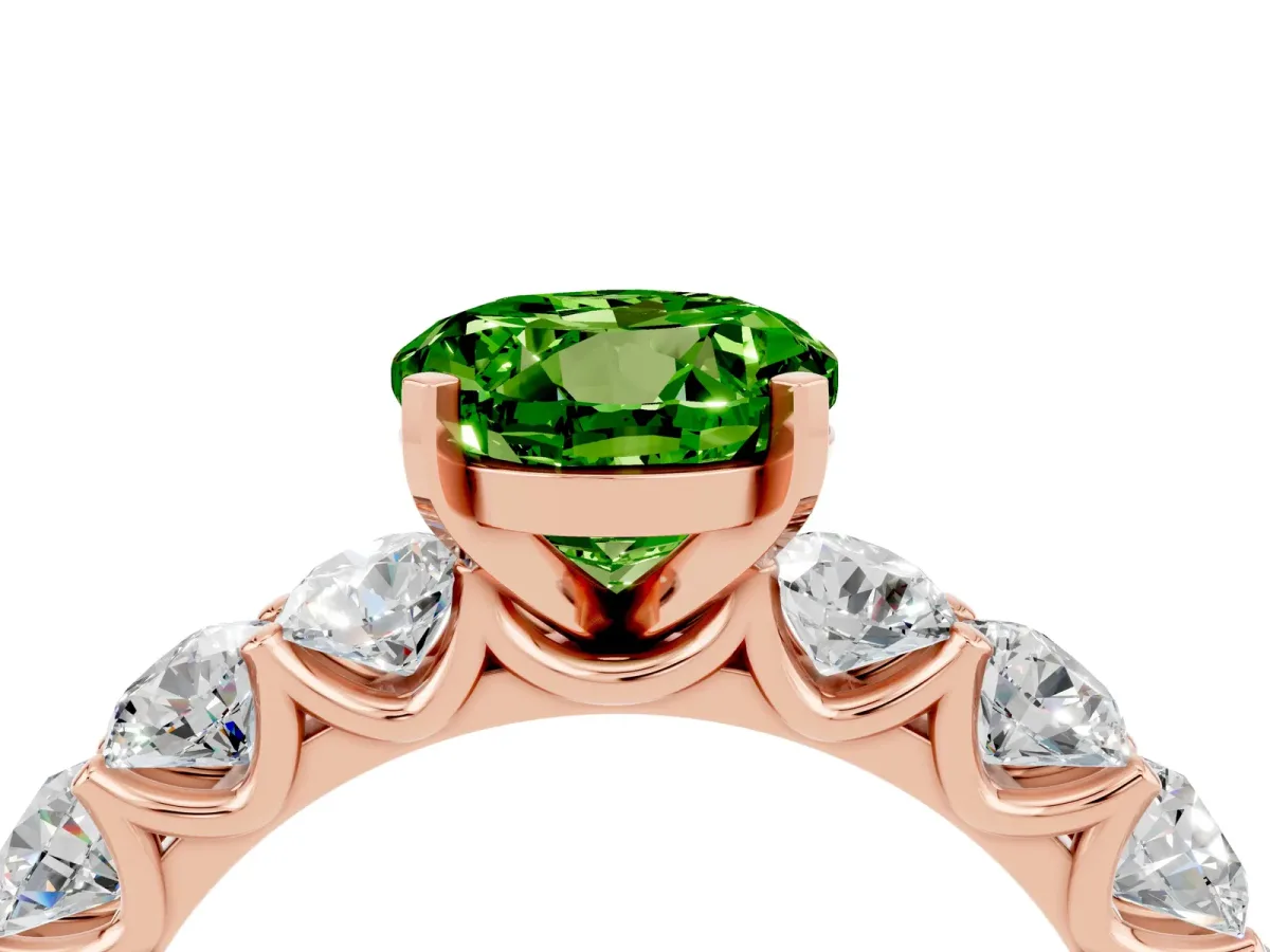Round Cut Peridot Prong Setting with Side Stones on a Pave Band Rose gold