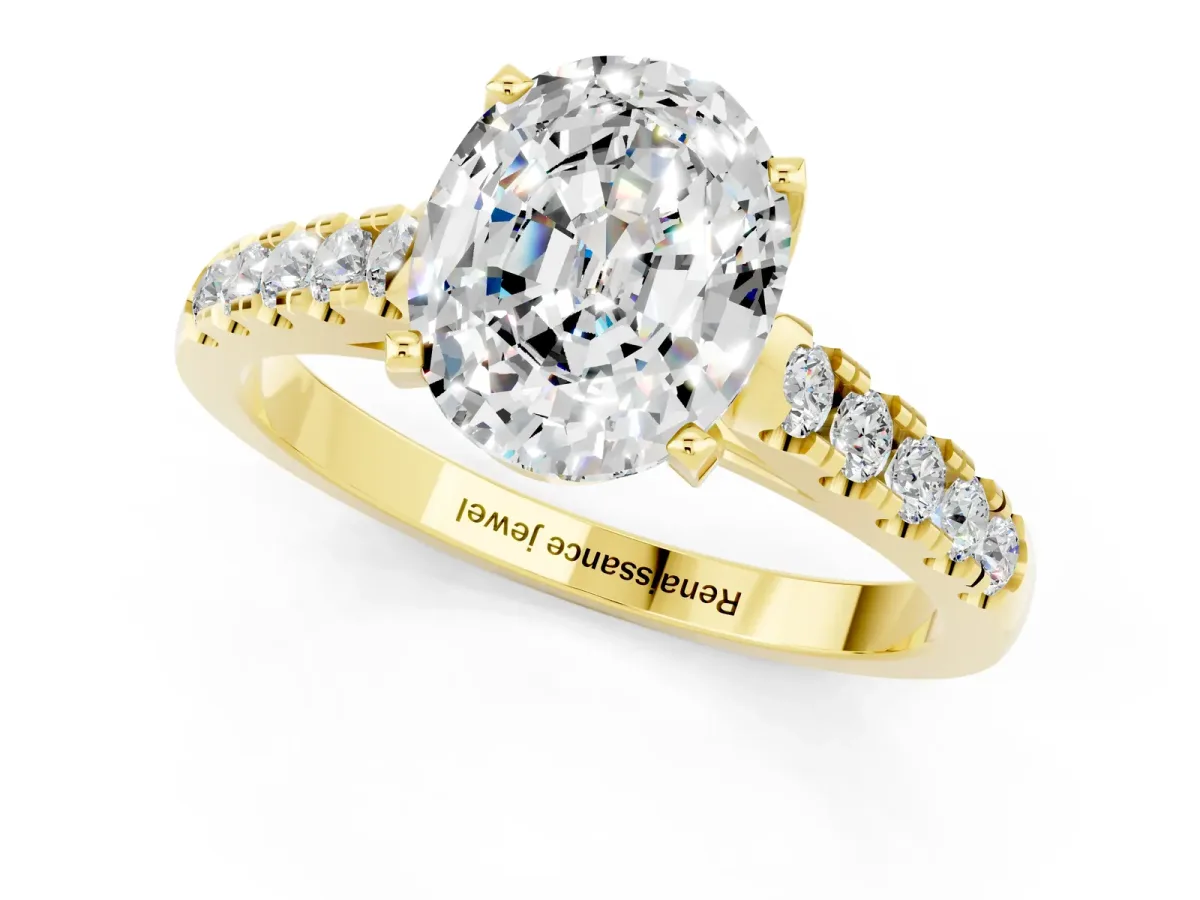 Oval Cut Moissanite Pavé Band Solitaire Ring with Prong Setting Yellow gold