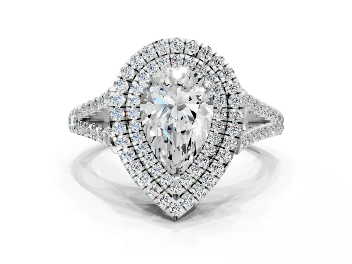 Pear Cut Diamond Double Halo Ring with Pavé Band and Prong Setting Silver