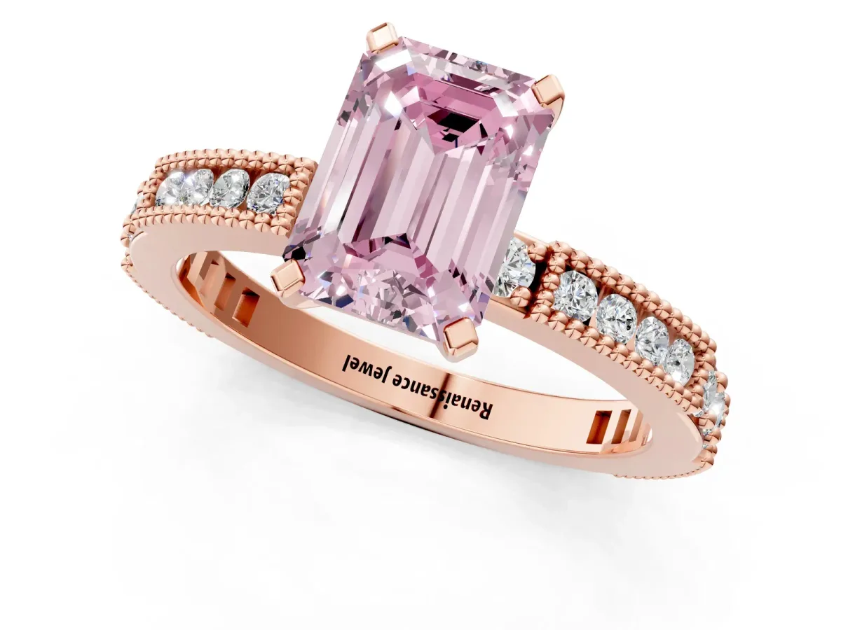 Fancy Pink Emerald Cut Solitaire with Pavé Band and Four-Prong Setting Rose gold