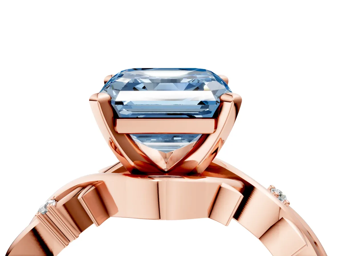 Fancy Blue Asscher Cut Diamond Solitaire Ring with Twisted Band and Prong Setting Rose gold