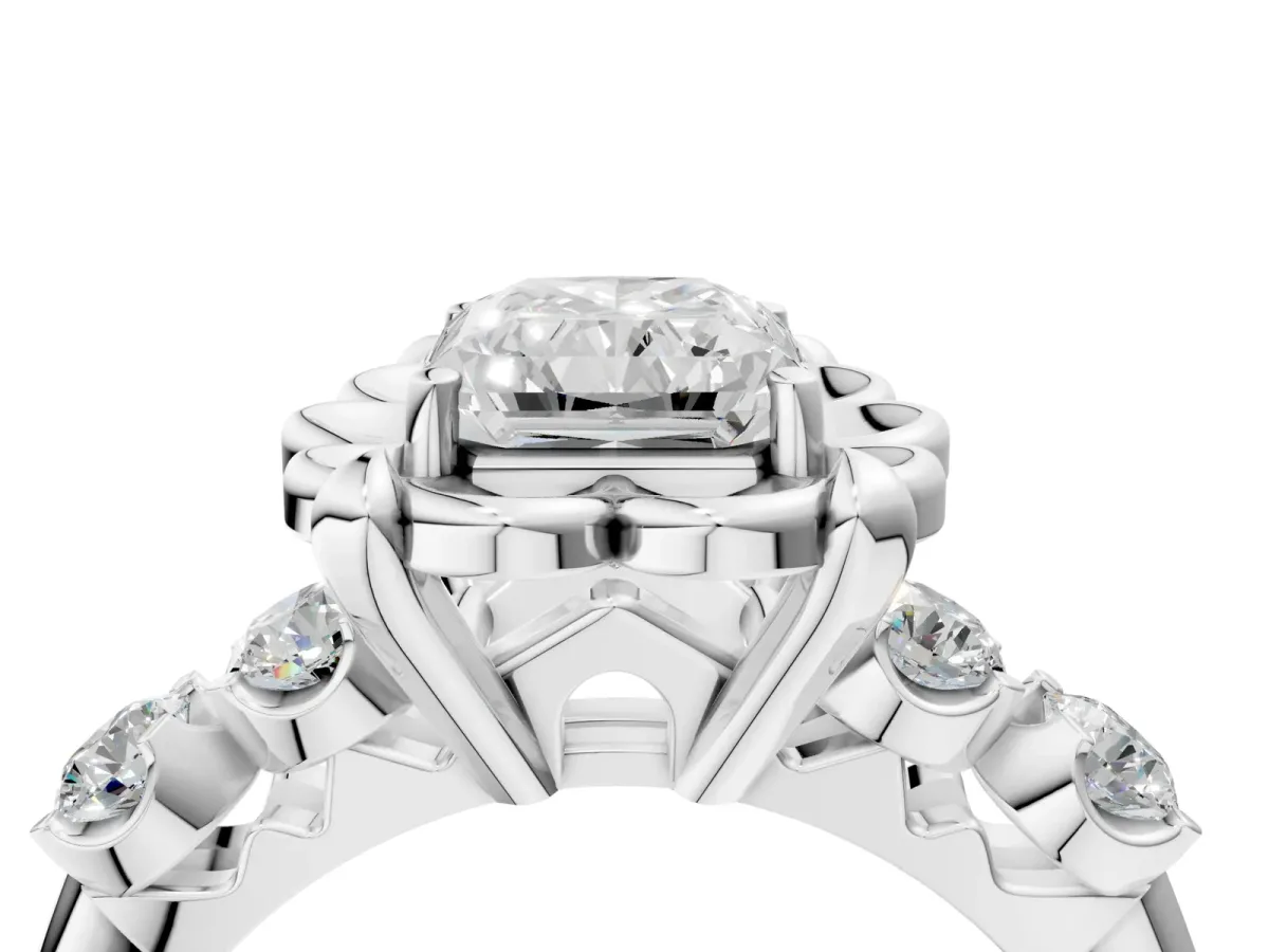 Radiant Cut Cut Diamond Floral Halo Engagement Ring with Shared Prong Setting Silver