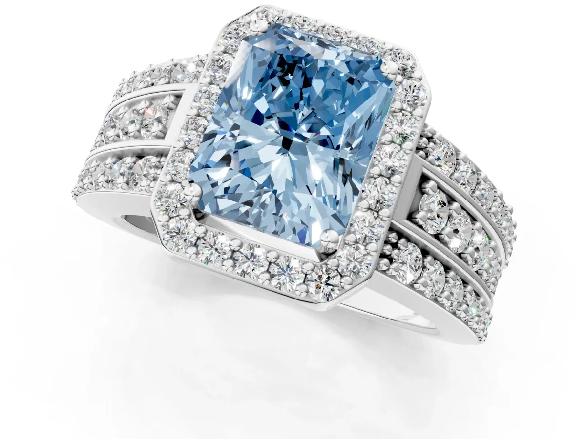 Fancy Blue Radiant Cut Halo Diamond Ring with Round Split Shank and Prong Setting Silver