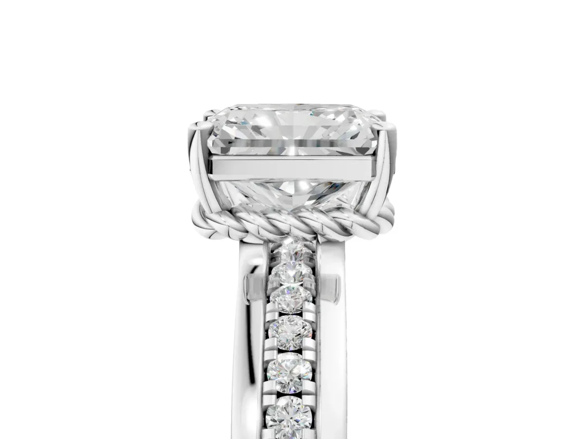Radiant Cut Solitaire Diamond Ring with Channel Set Band and Six-Prong Setting Platinum