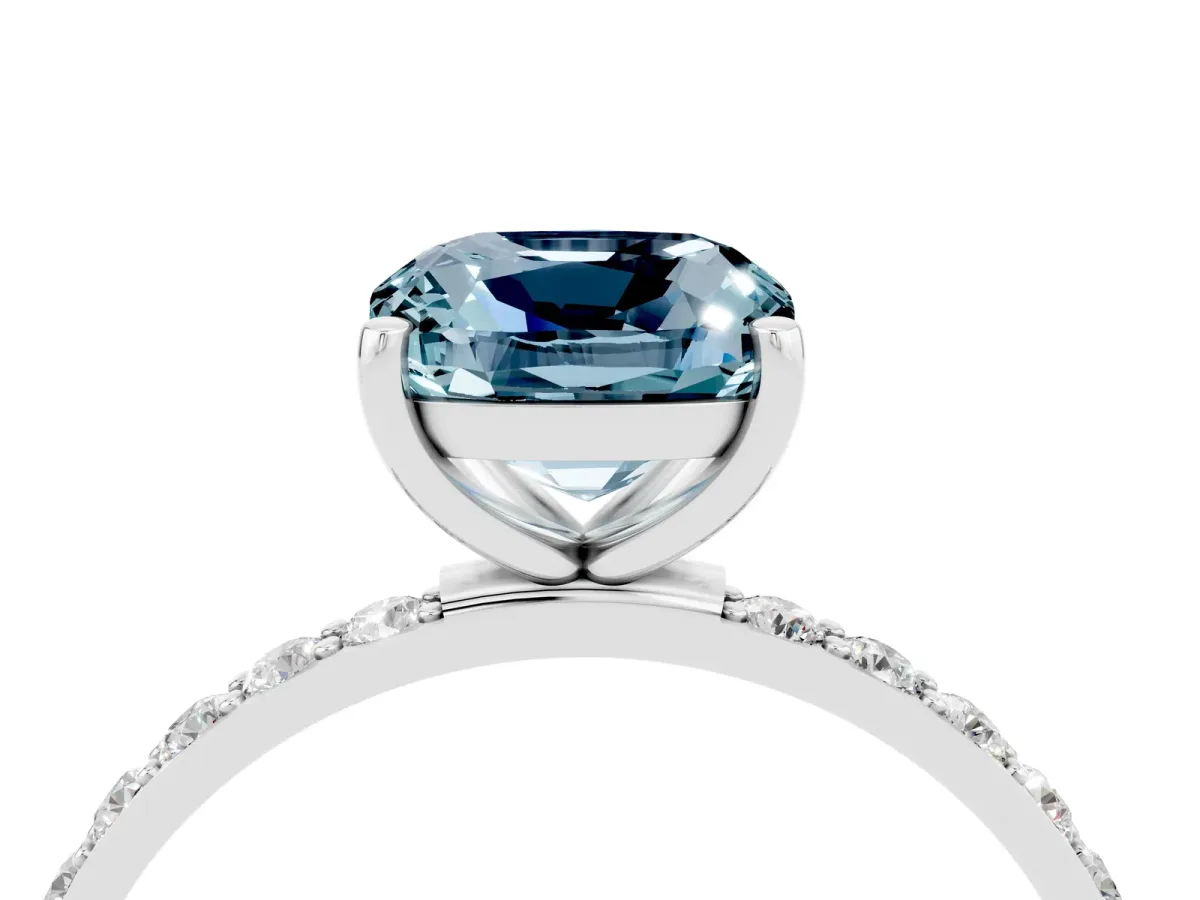 Cushion Cut Aquamarine Solitaire Ring with Round Pavé Band and Prong Setting Silver