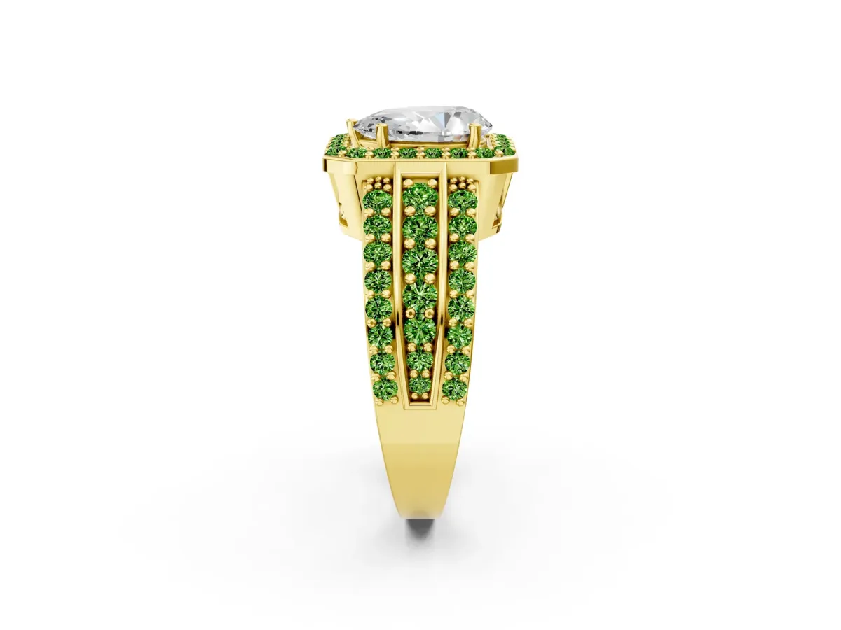 Pear Cut Halo Diamond Ring with Round Peridot Split Shank and Prong Setting Yellow gold