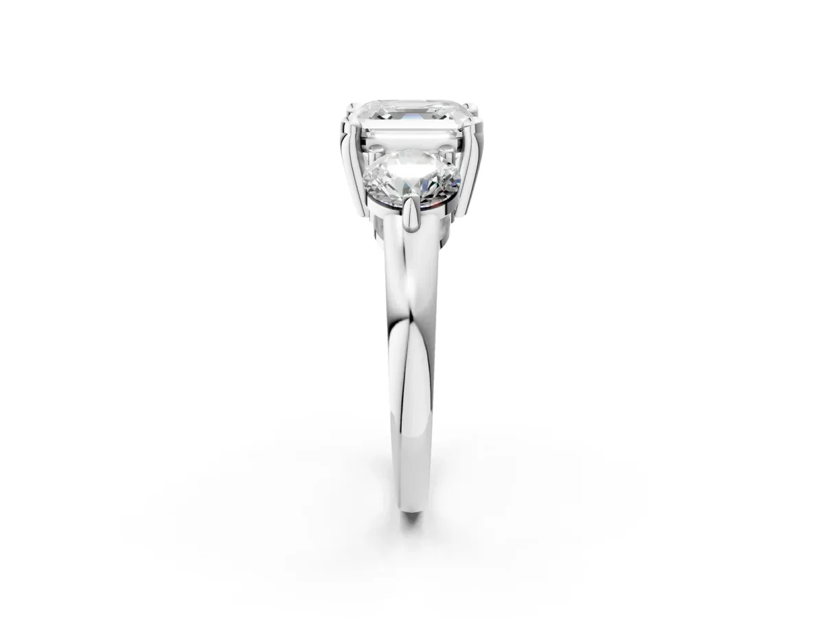 Three-Stone Asscher Cut Brilliant Cut Solitaire Ring with Prong Setting on a Classic Band Platinum