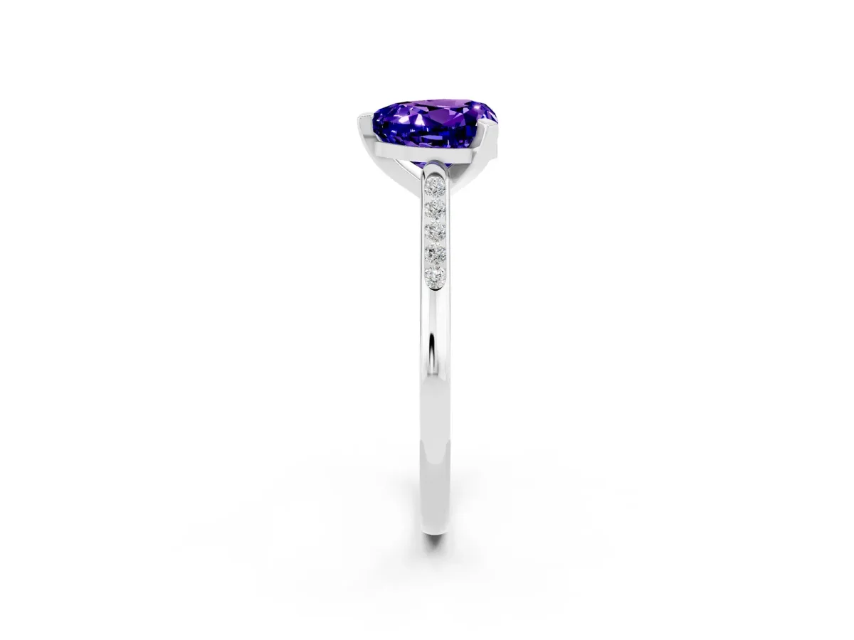 Heart Cut Tanzanite Solitaire Ring with Channel Set Round Band and Prong Setting Silver