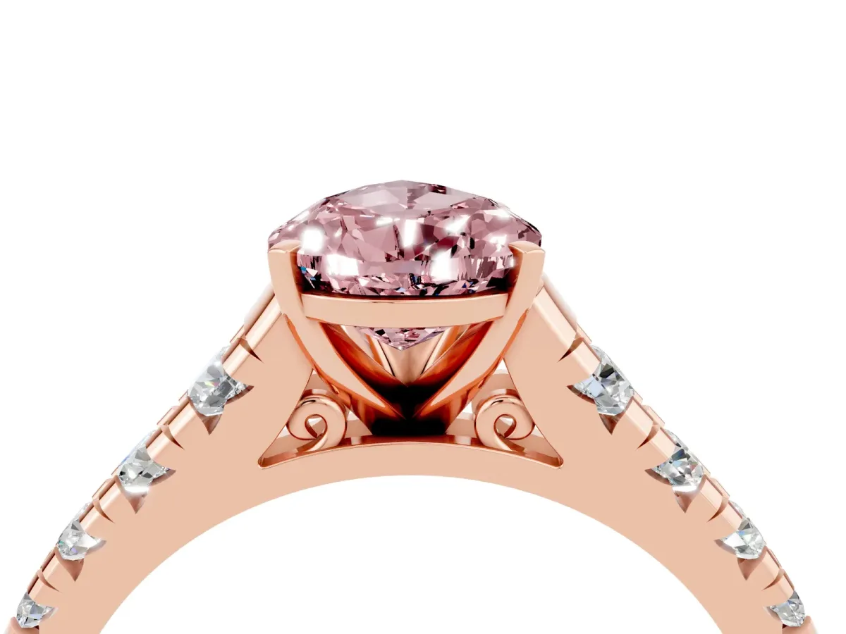 Pear Cut Morganite Cathedral Solitaire Ring with Round Pavé Band Rose gold