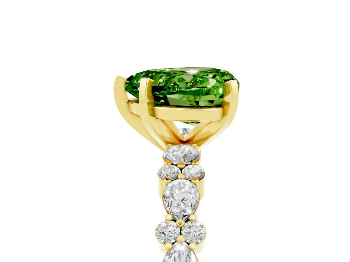 Heart Cut Peridot Side Stone Solitaire Ring with Round and Four-Prong Setting Yellow gold