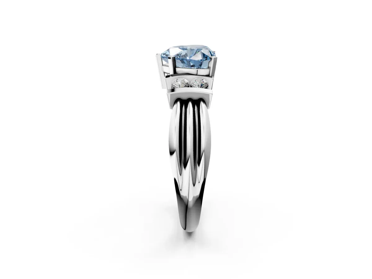 Fancy Blue Heart Cut Cut Three-Stone Channel Set Ring with Bar Prongs Platinum