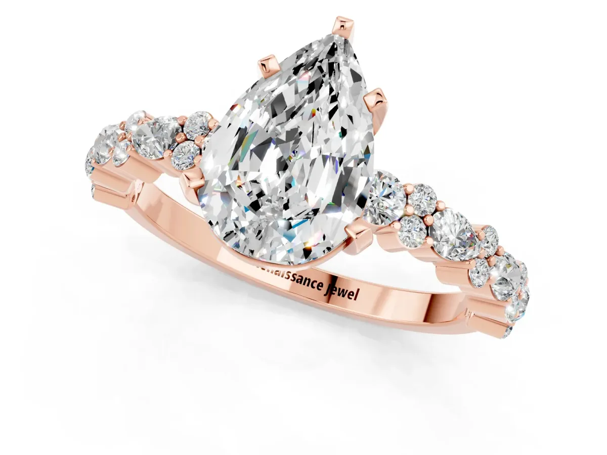 Pear Cut Moissanite Side Stone Solitaire Ring with Round and Four-Prong Setting Rose gold