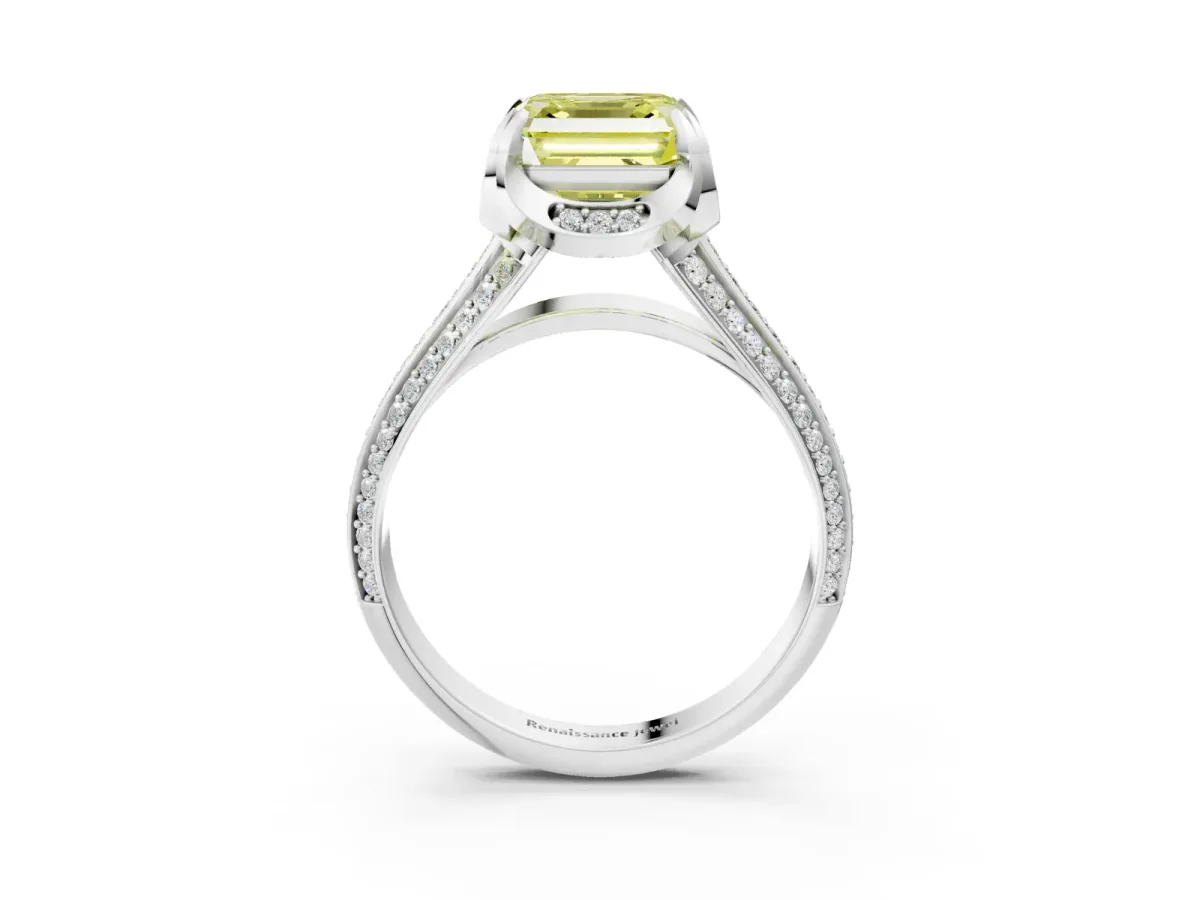Fancy Yellow Asscher Cut Solitaire Pave Split Shank Ring with Four-Prong Setting Platinum